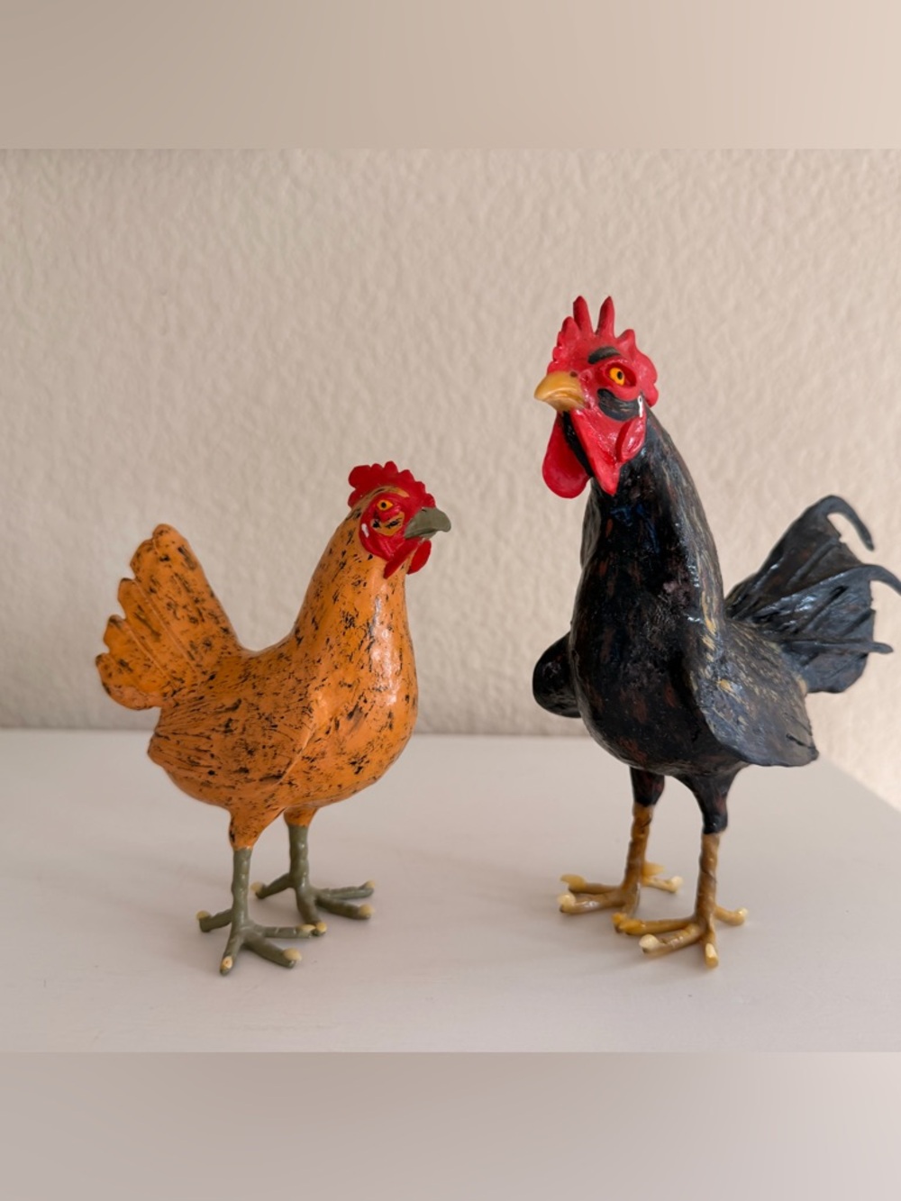 Hand Crafted Black Rooster and Orange Hen Figurine Pair Made in Brazil. - Picture 2 of 4